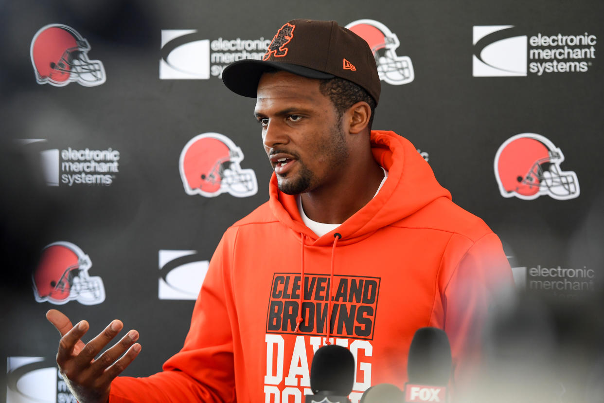 BEREA, OH - AUGUST 18: Deshaun Watson #4 of the Cleveland Browns speaks during a press conference prior to a joint practice with the Philadelphia Eagles at CrossCountry Mortgage Campus on August 18, 2022 in Berea, Ohio. (Photo by Nick Cammett/Diamond Images via Getty Images)