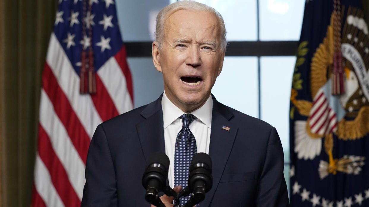 U.S. President Joe Biden speaks from the Treaty Room in the White House about the withdrawal of U.S. troops from Afghanistan on April 14, 2021 in Washington, DC. (Andrew Harnik-Pool/Getty Images)