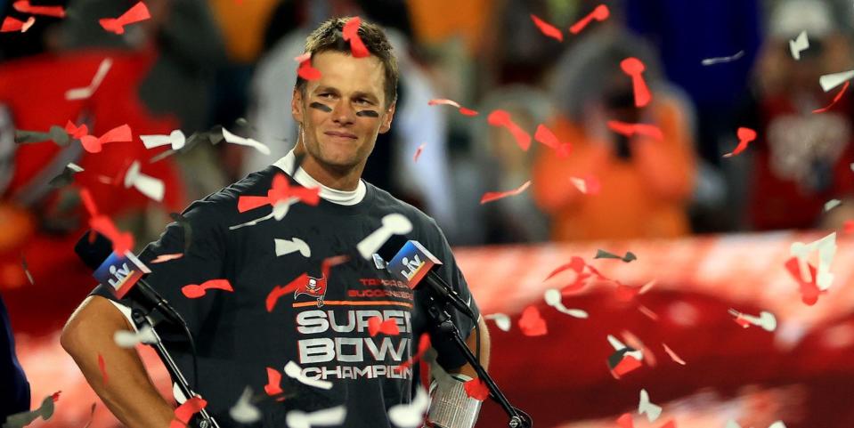 tampa, florida february 07 tom brady 12 of the tampa bay buccaneers signals after winning super bowl lv at raymond james stadium on february 07, 2021 in tampa, florida photo by mike ehrmanngetty images