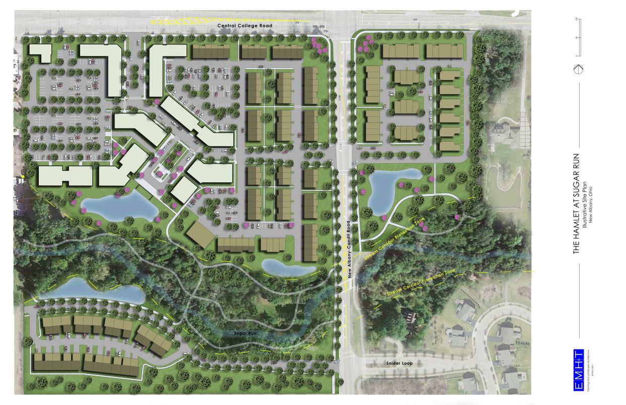 Nona Master Development, LLC is looking to build the Hamlet at Sugar Run, a mixed-use destination on 32.6 acres at the southeast corner of New Albany-Condit and Central College roads.