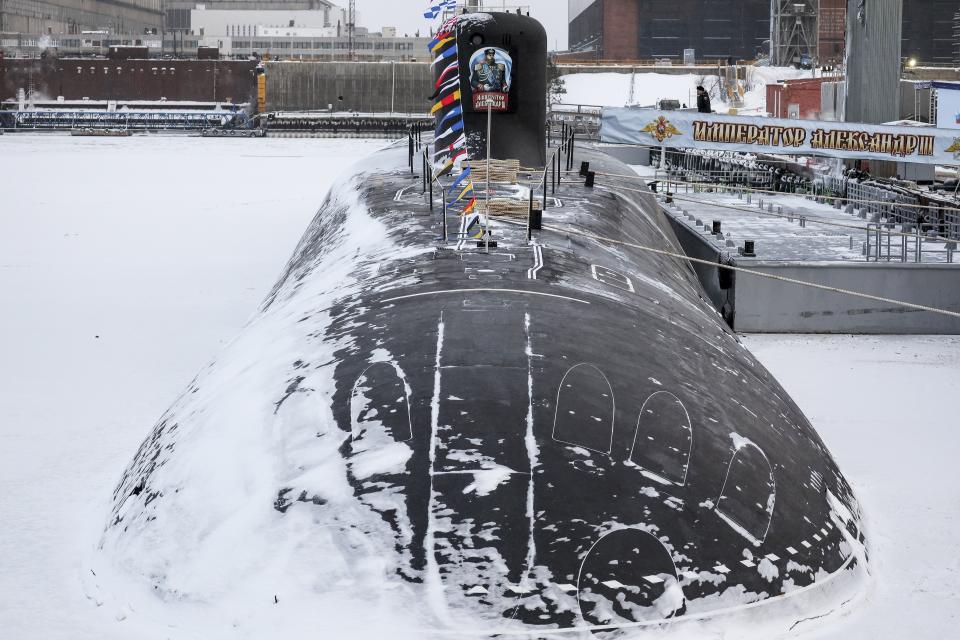 The newly-built nuclear submarine The Emperor Alexander III is seen after a flag-raising ceremony on Monday for newly-built nuclear submarines at the Sevmash shipyard in Severodvinsk in Russia's Archangelsk region, Monday, Dec. 11, 2023. The navy flag was raised on the Emperor Alexander III and the Krasnoyarsk submarines during Monday's ceremony. Putin has traveled to a northern shipyard to attend the commissioning of new nuclear submarines, a visit that showcases the country's nuclear might amid the fighting in Ukraine. (Kirill Iodas, Sputnik, Kremlin Pool Photo via AP)