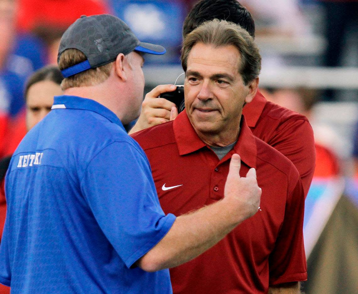 Alabama football coach Nick Saban (Crimson Tide head man since 2007), right, and Kentucky coach Mark Stoops (Wildcats head man since 2013) are the two longest-tenured coaches in the Southeastern Conference.