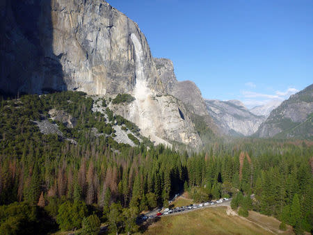The southeast face of El Capitan granite monolith in Yosemite National Park is seen after another rockfall injured a second person a day after a British climber was killed by a rockfall at Yosemite National Park in California, U.S, September 28, 2017. Courtesy National Park Service/Handout via REUTERS