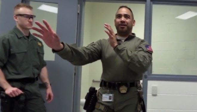 In this bodycam video, C-SAU "Senior Team Leader" Joseph Garcia, center, trains deputies at the Sheriff Al Cannon Detention Center outside Charleston, South Carolina.