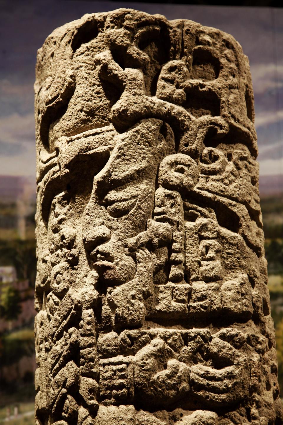 The stone Copan Stela 11 is shown at the Maya 2012: Lords of Time exhibit at the University of Pennsylvania Museum of Archaeology and Anthropology Thursday, May 3, 2012, in Philadelphia. The exhibit is scheduled to open May 5. (AP Photo/Matt Rourke)