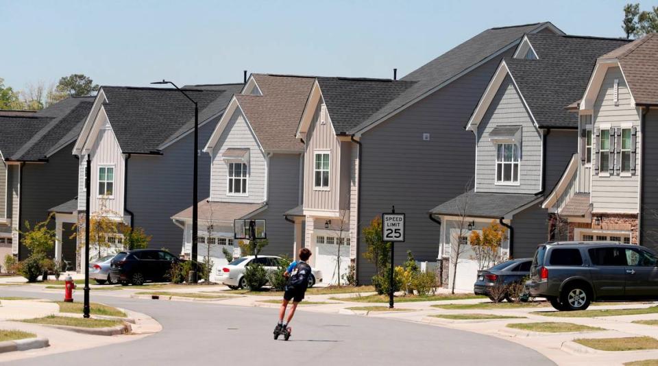 Recent built homes on Canyon Shadows Court in Cary, N.C., Tuesday, April 27, 2021.