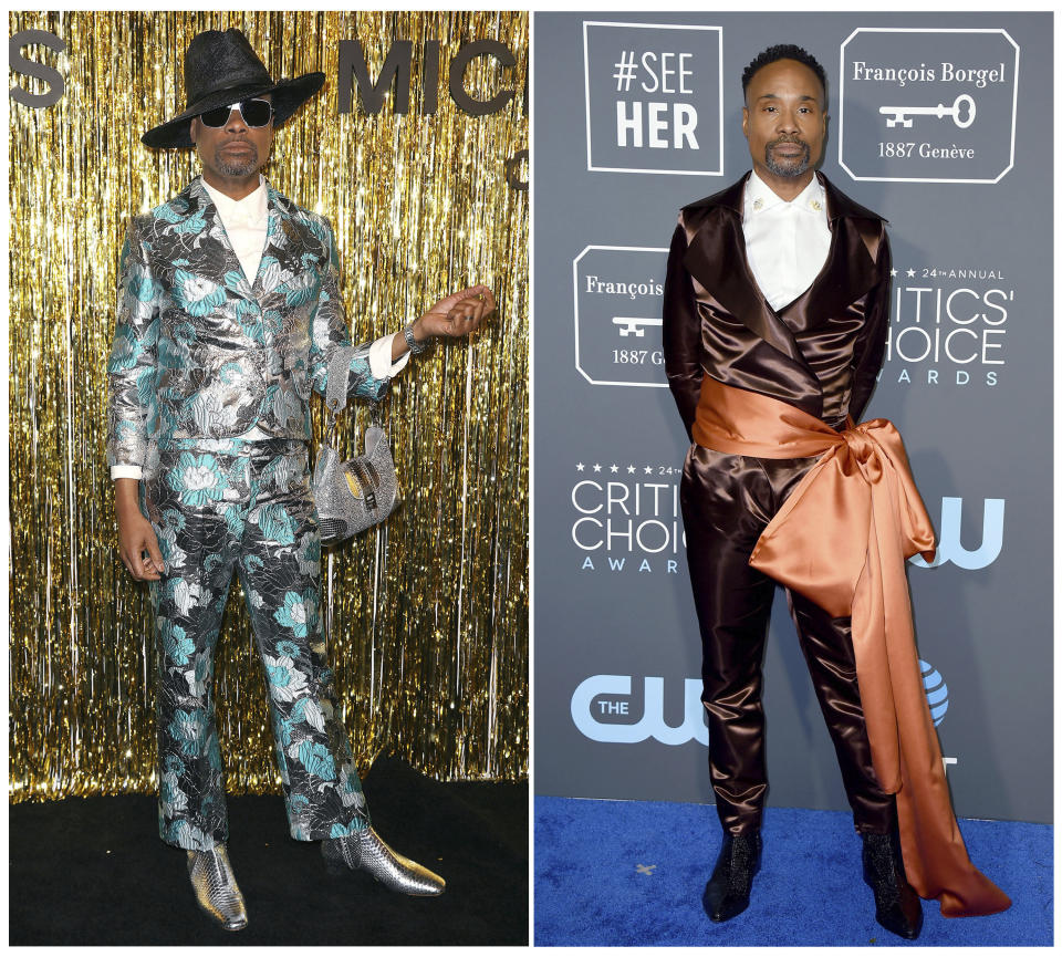 En esta combinación de fotos, el actor Billy Porter llega a la presentación de Michael Kors en la Semana de la Moda en Nueva York el 13 de febrero del 2019, a la izquierda, y a los premios Critics' Choice en Santa Mónica, California, el 13 de enero del 2019. (AP Foto)