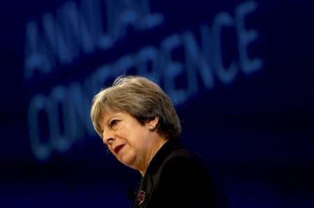 Britain's Prime Minister Theresa May speaks at the Conferederation of British Industry's annual conference in London, Britain, November 6, 2017. REUTERS/Mary Turner