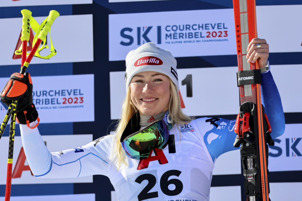 United States' Mikaela Shiffrin celebrates taking second place in an alpine ski, women's World Championships super G, in Meribel, France, Wednesday, Feb. 8, 2023. (AP Photo/Marco Trovati)