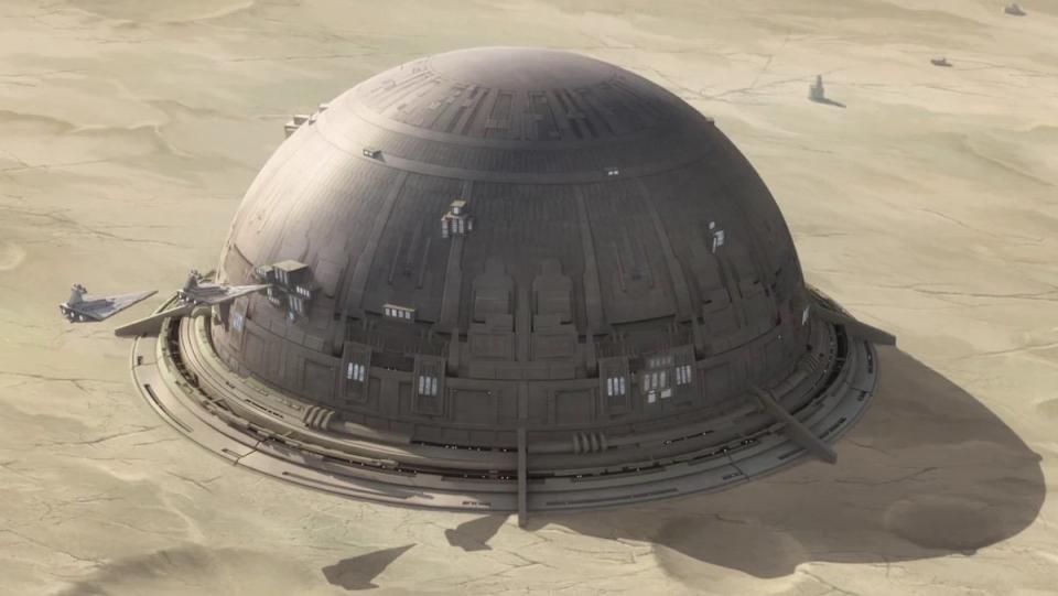 The domed city of Sundari, Mandalore's capital, seen from above fromt he outside of Star Wars: The Clone Wars