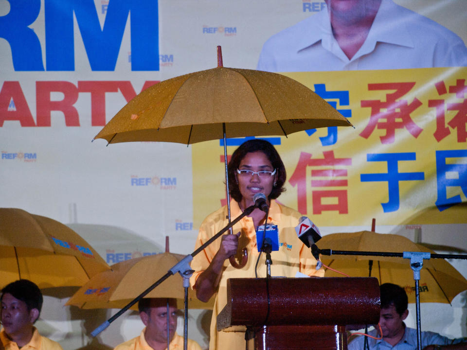 GE 2011 candidate for AMK GRC Vignes Ramachandran takes the stage as RP's first speaker. (Yahoo! photo/Alvin Ho)