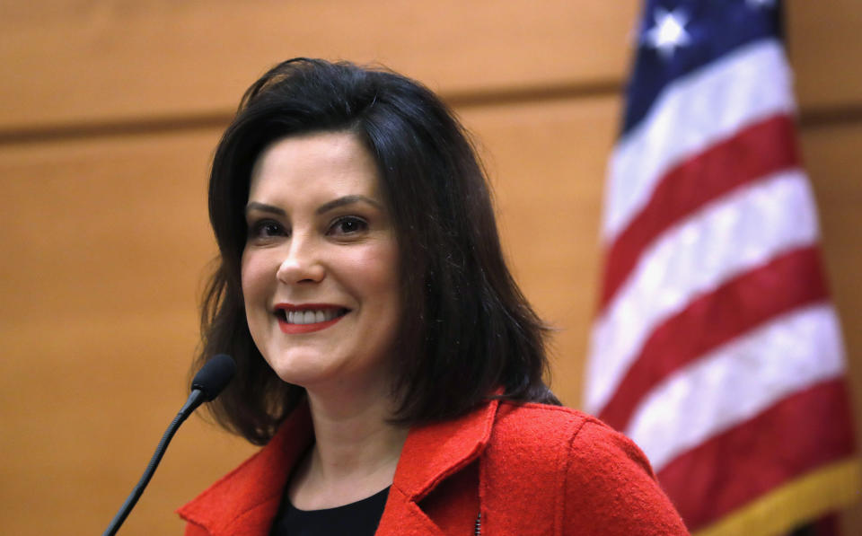 FILE - In this Nov. 7, 2018, file photo, Michigan Gov.-elect Gretchen Whitmer hosts a post-election news conference in Detroit. Whitmer on Thursday, Dec. 27, named much of her Cabinet, including officials who will be involved in her two of her top priorities, cleaning up drinking water and improving roads. (AP Photo/Carlos Osorio, File)