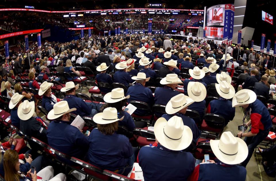 In this file photo taken on July 18, 2016, Texas delegates on the first day of the Republican National Convention at the Quicken Loans Arena in Cleveland, Ohio.