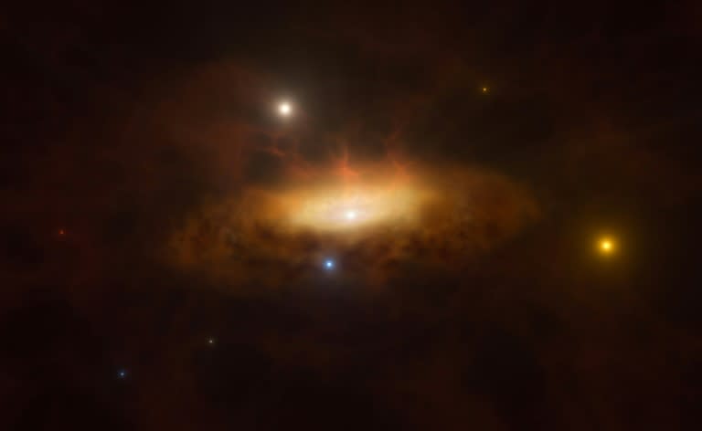 Vue d'artiste de la galaxie SDSS1335+0728, dans la constellation de la Vierge, au coeur de la quelle s'est réveillé un trou noir supermassif, dans une photo distribuée le 18 juin 2024 par l'Observatoire européen austral (ESO/M. Kornmesser)