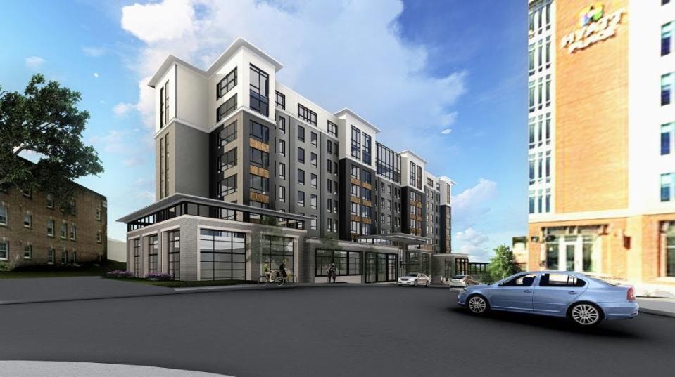 A view of the proposed Embassy Suites looking southwest from the corner of Montford Avenue and Haywood Street.