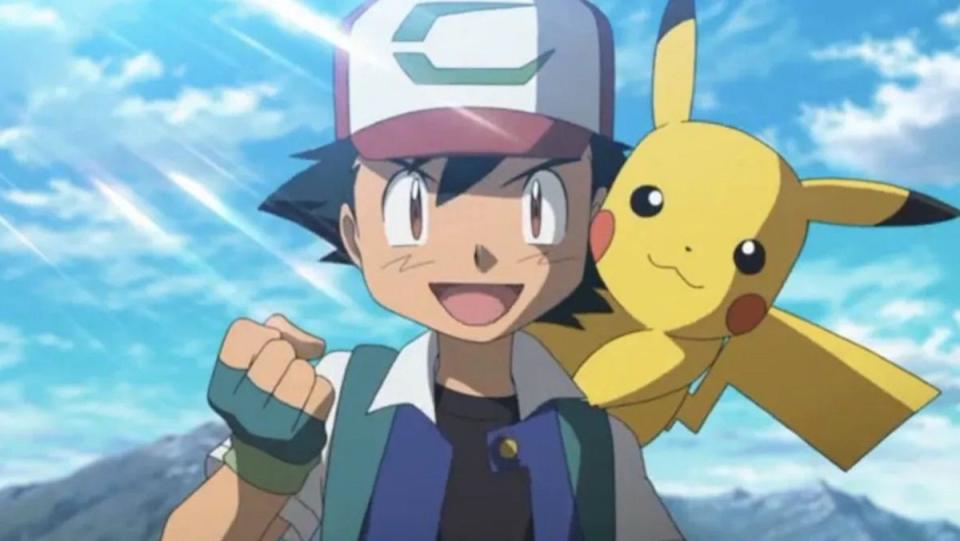 Animated Ash Ketchum does a fist pump with Pikachu over his shoulder