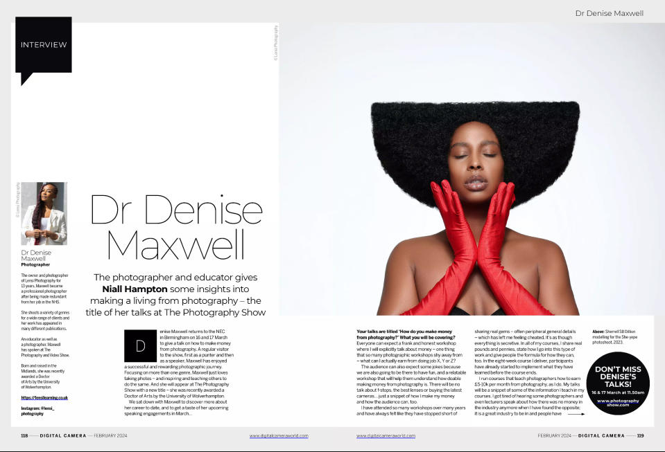 Image of first two pages of interview with photographer Denise Maxwell, Digital Camera magazine February 2024