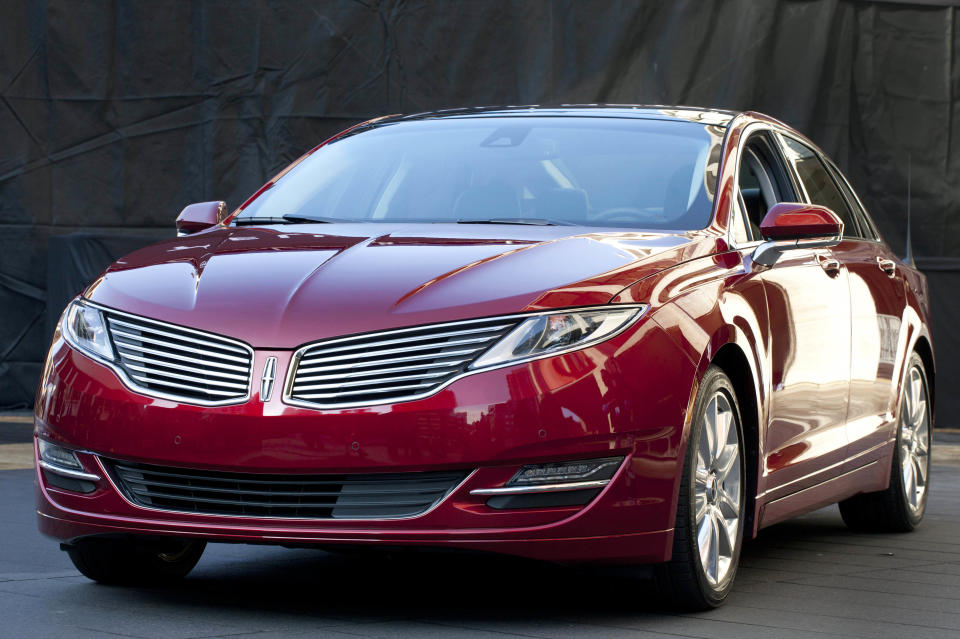 The Lincoln MKZ is shown at a media availability, Monday, Dec. 3, 2012 in New York. The MKZ will arrive at dealerships this month as the first of seven new or revamped Lincolns that will go on sale by 2015. (AP Photo/Mark Lennihan)