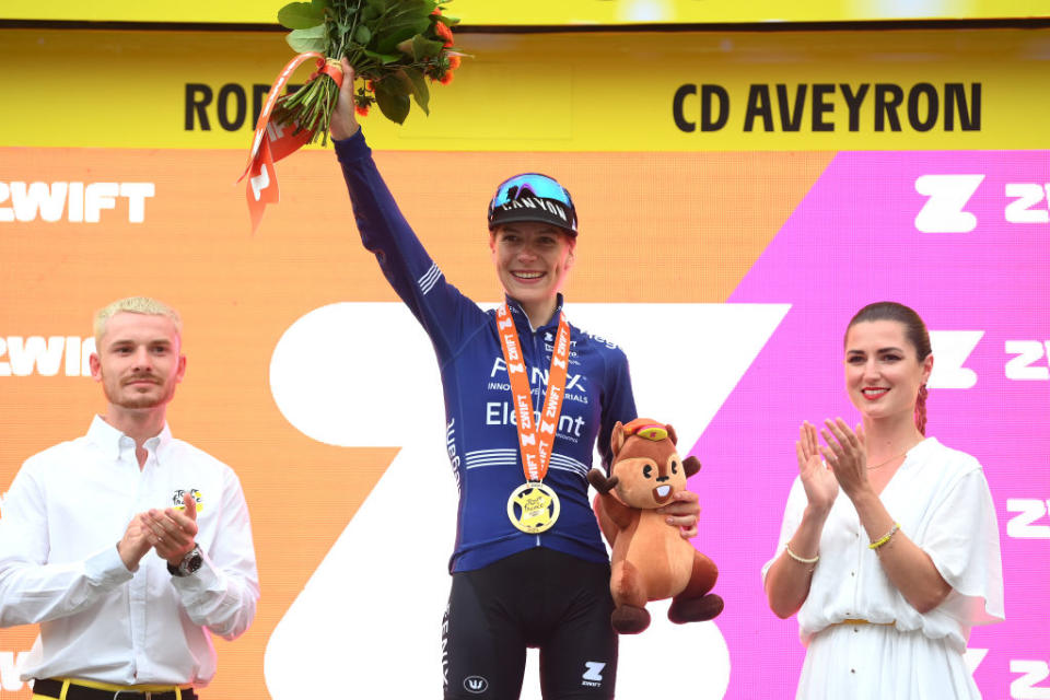 RODEZ FRANCE  JULY 26 Yara Kastelijn of The Netherlands and Team FenixDeceuninck celebrates at podium as stage winner during the 2nd Tour de France Femmes 2023 Stage 4 a 1771km stage from Cahors to Rodez 572m  UCIWWT  on July 26 2023 in Rodez France Photo by Alex BroadwayGetty Images