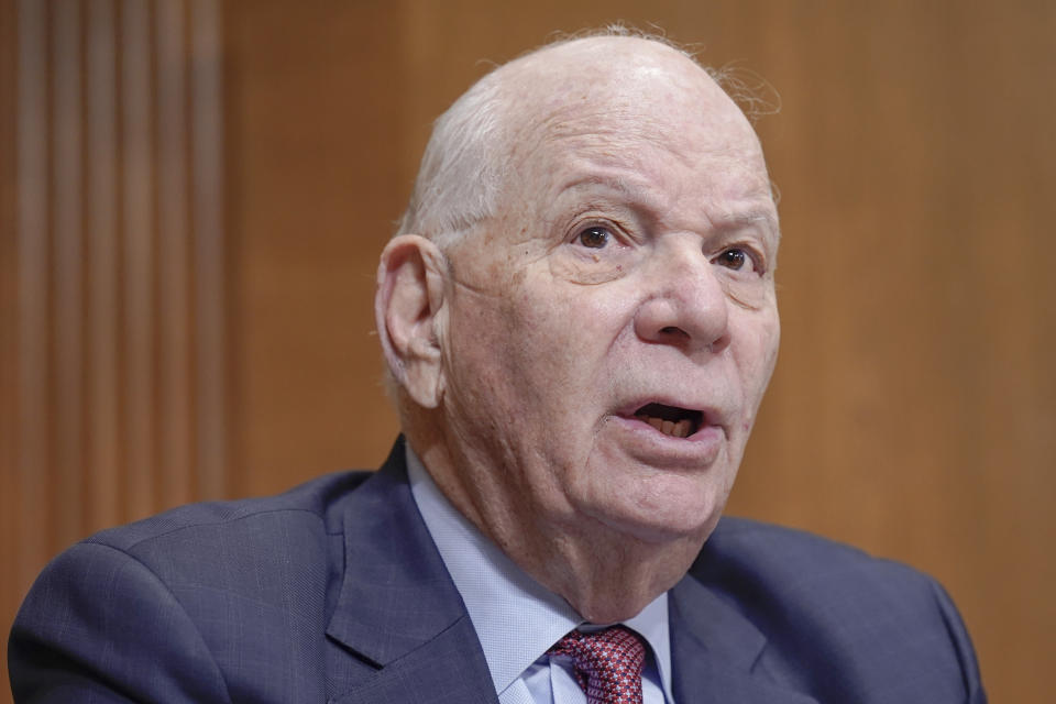 FILE - Sen. Ben Cardin, D-Md., talks during a Senate Finance Committee business meeting on Capitol Hill, Nov. 28, 2023, in Washington. Democrats running to succeed Cardin, who is retiring, pounced on concerns about abortion rights, after former Republican Gov. Larry Hogan announced his surprise Senate bid just hours before the state's filing deadline. (AP Photo/Mariam Zuhaib, File)