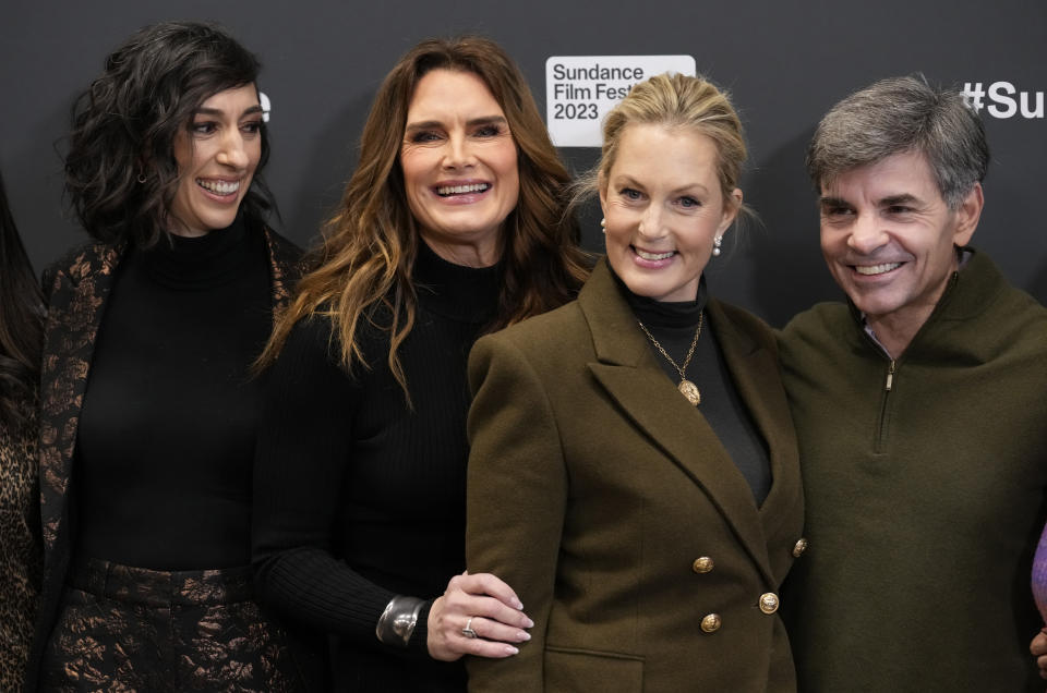 Brooke Shields, second from left, the subject of the documentary film "Pretty Baby: Brooke Shields," poses with, from left, director Lana Wilson and executive producers Ali Wentworth and George Stephanopolous at the premiere of the film at the 2023 Sundance Film Festival, Friday, Jan. 20, 2023, in Park City, Utah. (AP Photo/Chris Pizzello)