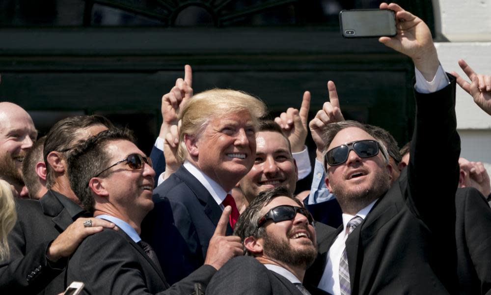 Donald Trump on Monday at the White House with 2017 Nascar Cup champion Martin Truex Jr and his racing team.