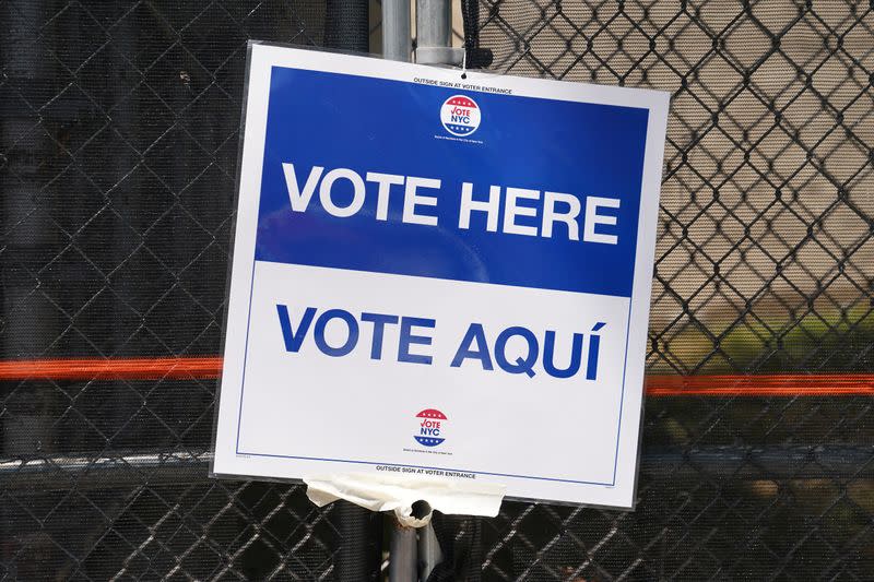 A 'Vote Here' sign is pictured in the Bronx borough of New York City