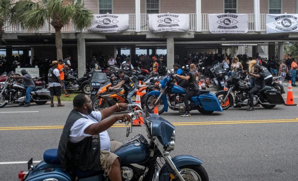 Bikers crowd into a parking garage in North Myrtle Beach for a rainy day party on Friday afternoon. The Atlantic Beach Bike Festival, aka “Black Bike Week,” returned on Friday after being canceled the last two years due to COVID-19. The event got off to a slow start in Atlantic Beach due to rain but parties were held in covered parking garages around North Myrtle Beach and as the rain cleared, the bikers returned. May 27, 2022.