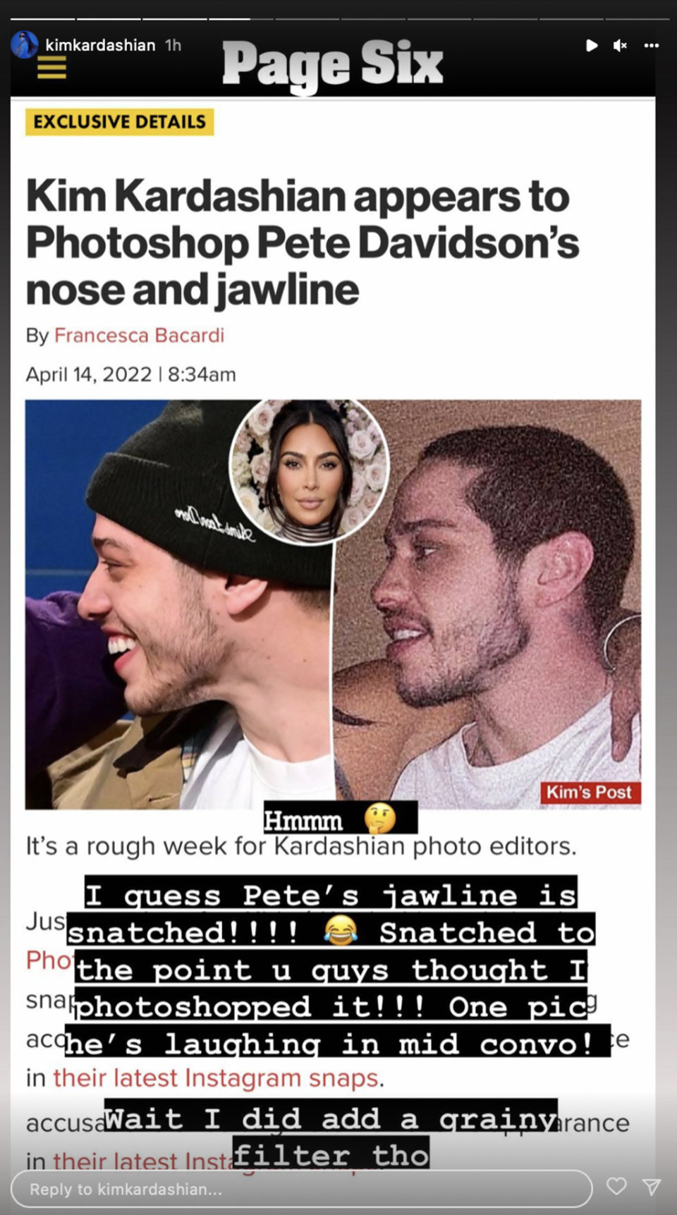 Kardashian denied claims that edited boyfriend Pete Davidson’s jawline and nose (Instagram / Kim Kardashian)