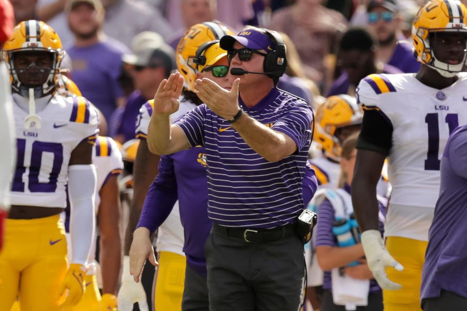 LSU coach Brian Kelly reacts to a play against Mississippi during the first half at Tiger Stadium.