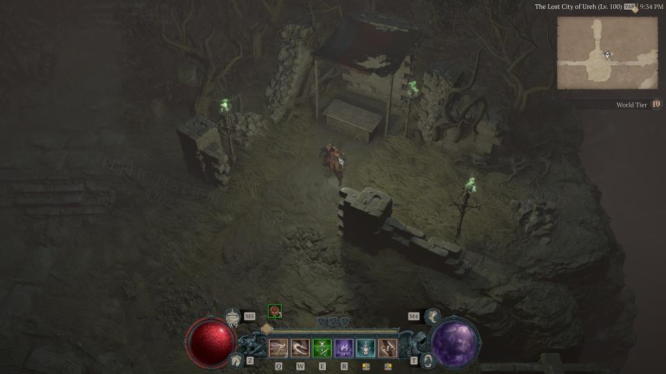 Diablo 4 screenshot of a rogue standing next to an abandoned camp near the Lost City of Ureh.