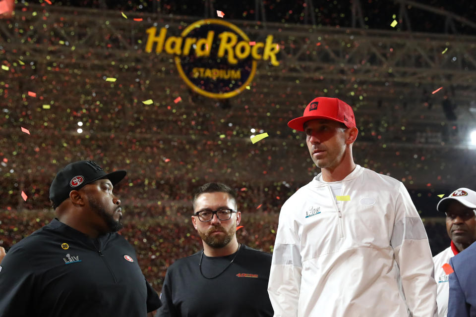 Head coach Kyle Shanahan of the San Francisco 49ers reacts after losing to the Kansas City Chiefs 31-20 in Super Bowl LIV at Hard Rock Stadium on February 02, 2020 in Miami, Florida. (Photo by Maddie Meyer/Getty Images)