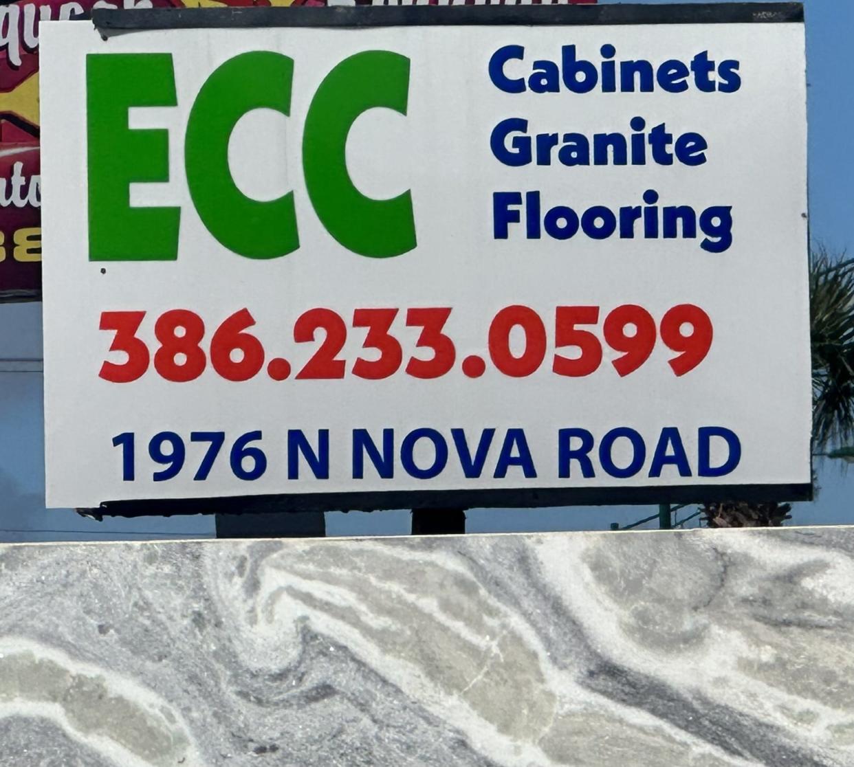 This business at 1976 N. Nova Road, Holly Hill, is identified on its sign as ECC, or East Coast Countertops, while its owner has renamed the corporation as Daytona Construction and Remodeling. Slabs of granite and other countertop materials line the property.