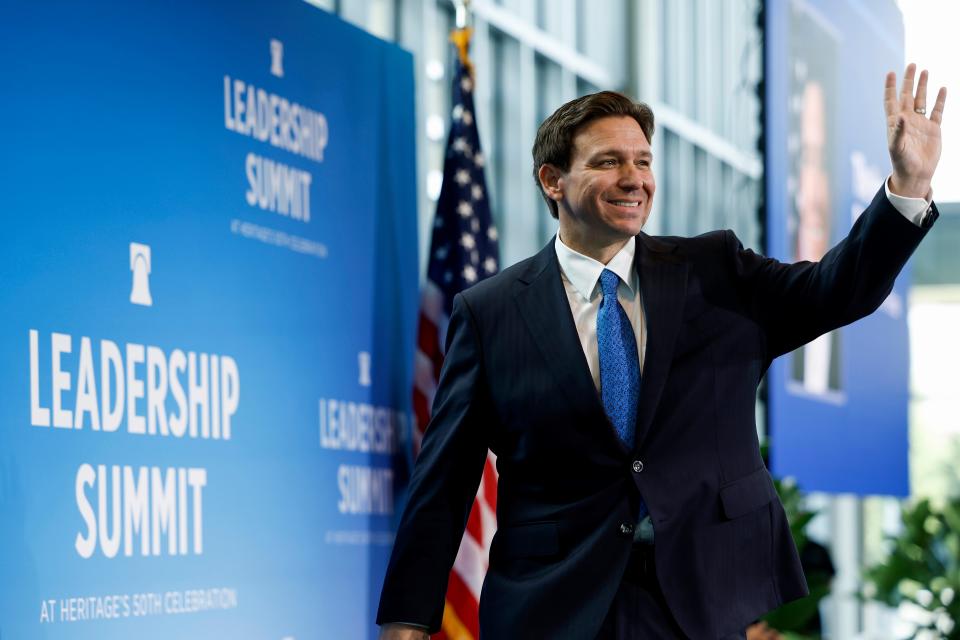 Florida Gov. Ron DeSantis walks onstage to give remarks at the Heritage Foundation's 50th Anniversary Leadership Summit at the Gaylord National Resort & Convention Center on April 21, 2023 in National Harbor, Maryland. During his remarks DeSantis spoke on policy and social issues his administration has taken on in the state of Florida including education in schools, funding law enforcement, and gun legislation.