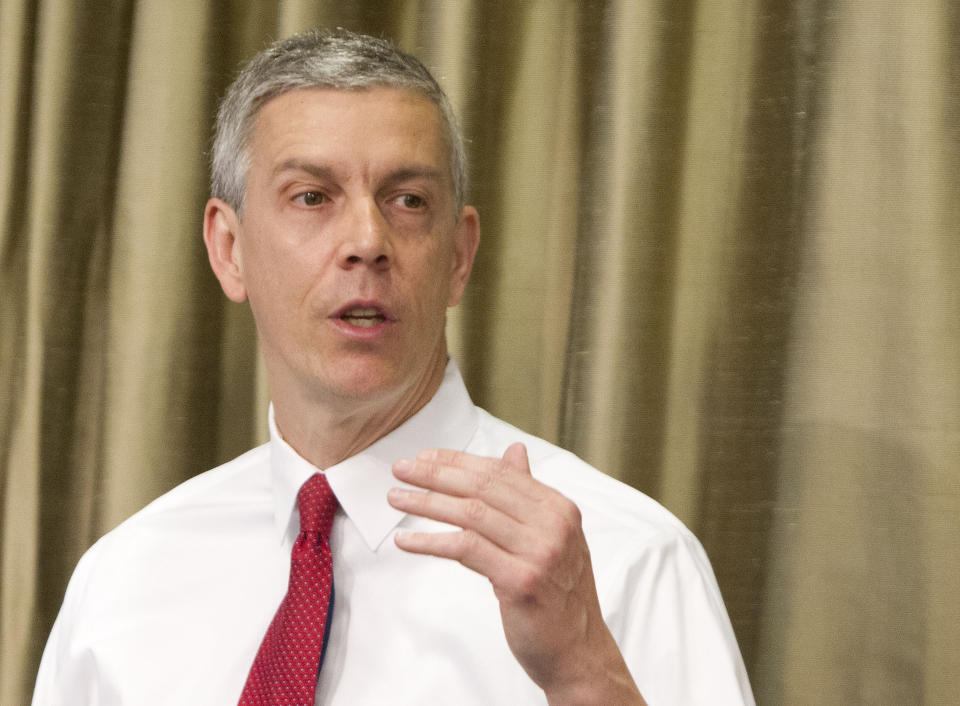 FILE - This April 10, 2014 file photo shows Education Secretary Arne Duncan speaking in New York. Fifty-five colleges and universities _ big and small, public and private _ are being investigated over their handling of sexual abuse complaints, the Education Department revealed Thursday. Duncan said there had been “lots of internal debate” about whether to release the list but that he believes in transparency; he said the more the country is talking about the problem of sexual assault, the better. Duncan said there is “absolutely zero presumption” of guilt in his mind for schools being investigated. (AP Photo/Michael Sisak, File)