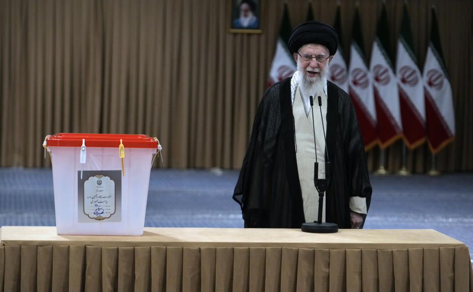 Iranian Supreme Leader Ayatollah Ali Khamenei speaks after casting his vote for the presidential runoff election in Tehran, Iran, Friday, July 5, 2024. Iranians are voting in a runoff election to replace the late President Ebrahim Raisi, who was killed in a May helicopter crash in the country’s northwest along with the foreign minister and several other officials. (AP Photo/Vahid Salemi)