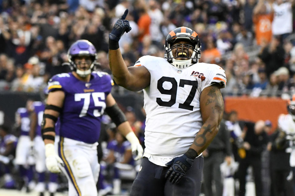 Chicago Bears defensive tackle Nick Williams (97) celebrates after sacking Minnesota Vikings quarterback Kirk Cousins as Vikings' Brian O'Neill (75) watches during the second half of an NFL football game Sunday, Sept. 29, 2019, in Chicago. (AP Photo/Matt Marton)