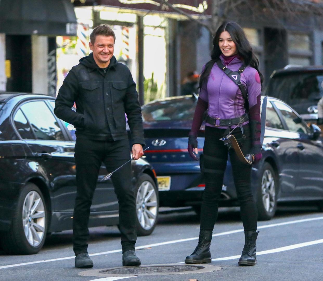 Jeremy Renner and Hailee Steinfeld are seen on set of "Hawkeye" on December 8, 2020 in New York.