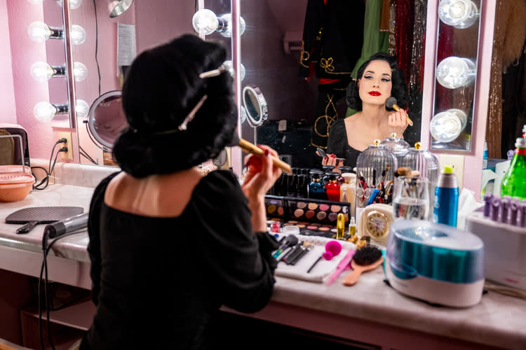 Getting ready with Dita Von Teese at the Jubilee Theater inside The Horseshoe Las Vegas on Decembe 16, 2023.