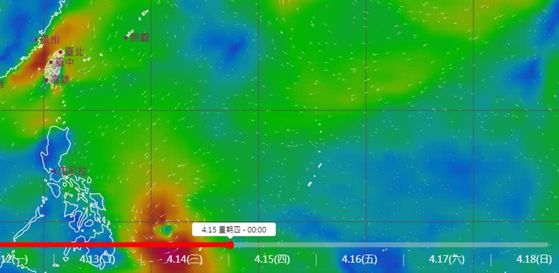 低氣壓在15與16日逐漸成形。（圖／翻攝自中央氣象局風場預報顯示圖）