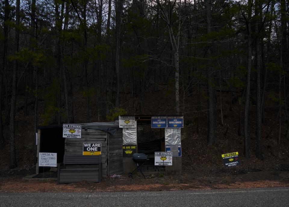 UMWA strike signs across from a mine entrance in Brockwood, Alabama.