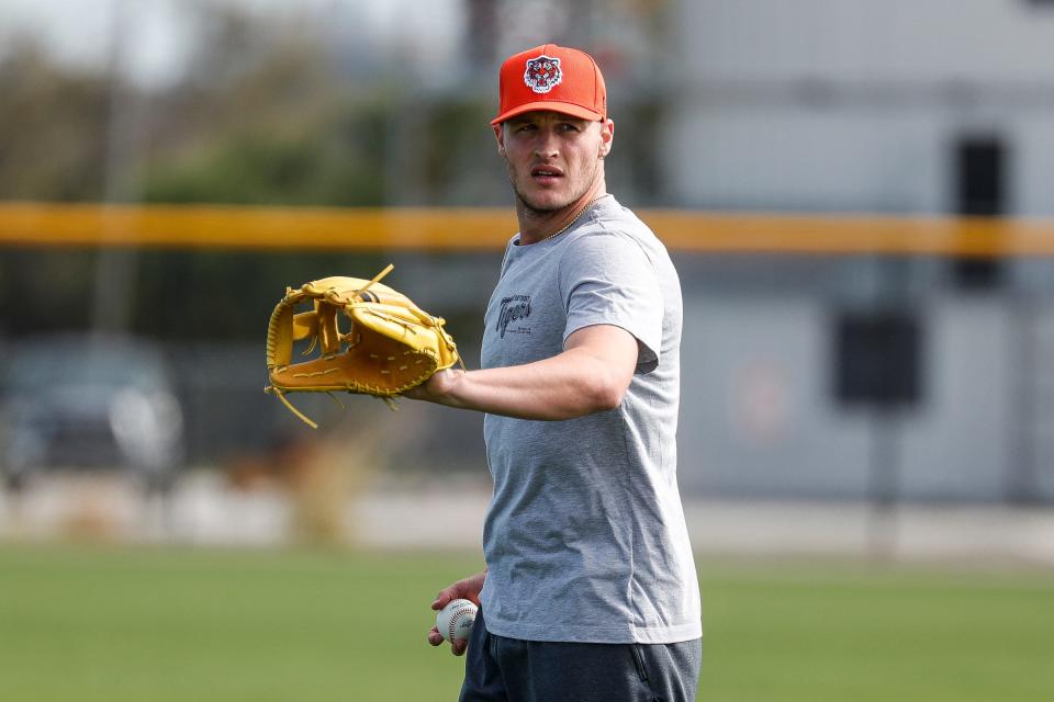 Detroit Tigers pitcher Matt Manning warms up during spring training at Tigertown in Lakeland, Fla. on Tuesday, Feb. 13, 2024.