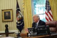 U.S. President Donald Trump speaks during an interview with Reuters in the Oval Office of the White House in Washington, U.S., April 27, 2017. REUTERS/Carlos Barria