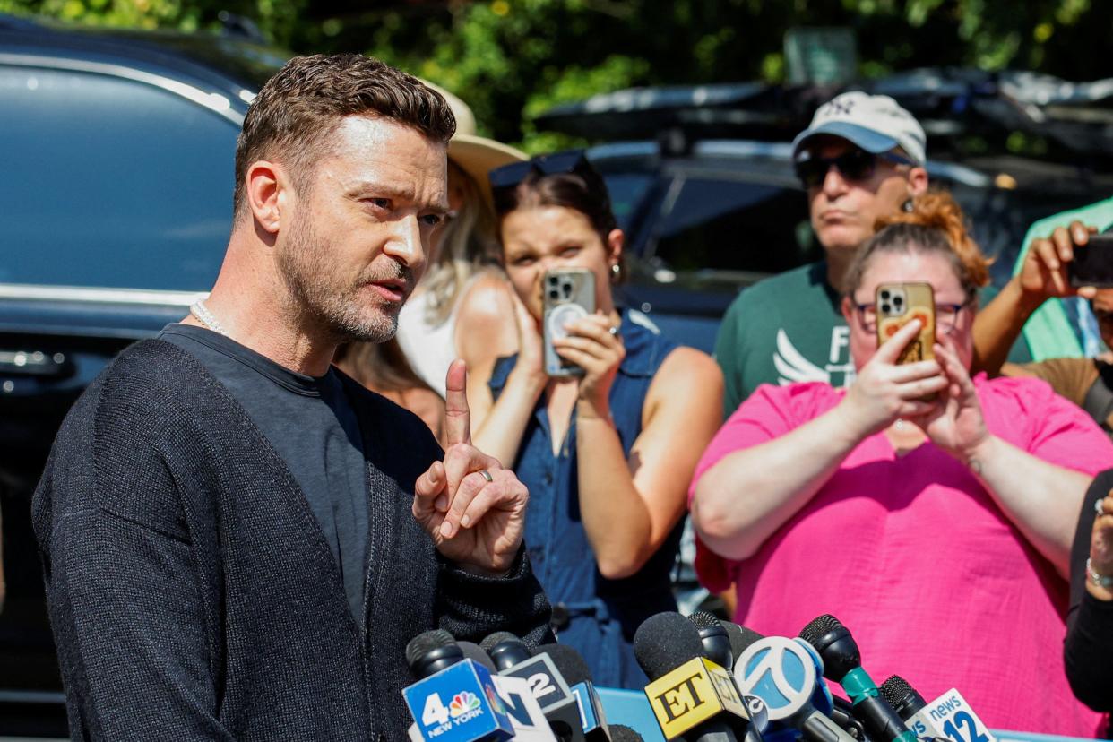 Justin Timberlake addresses the media after his appearance in court in Sag Harbor, New York, Sept. 13, 2024.