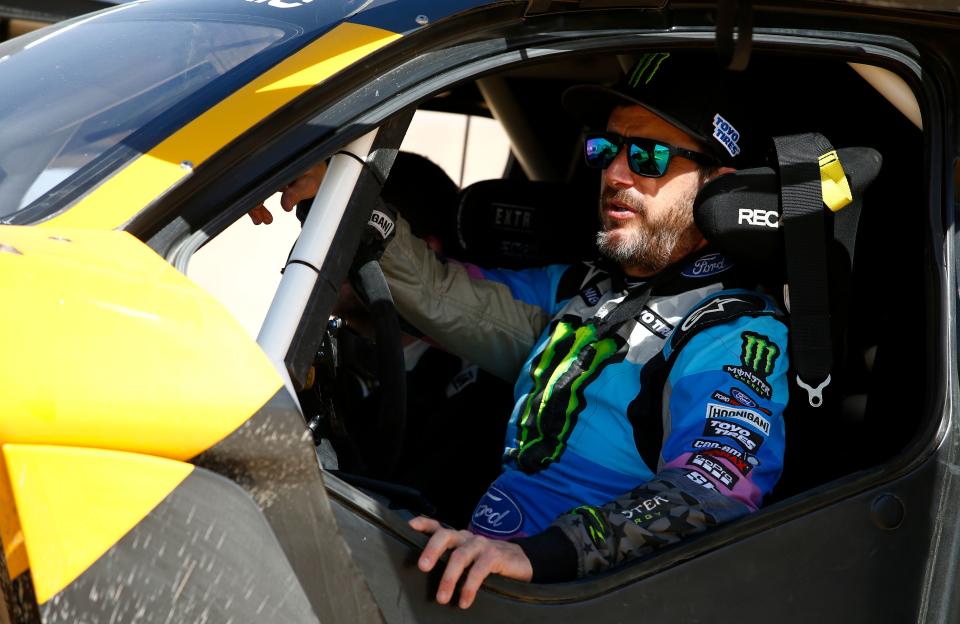 Legendary off-road racer and YouTube star Ken Block prepares to take the wheel of Extreme Es E-SUV to take part in the Grand Prix of Qiddiya finale of the Dakar 2020, on January 17, 2020. - Extreme E is a radical new racing series, which will see electric SUVs competing in extreme environments around the world which have already been damaged or affected by climate and environmental issues. (Photo by FRANCK FIFE / AFP) (Photo by FRANCK FIFE/AFP via Getty Images)
