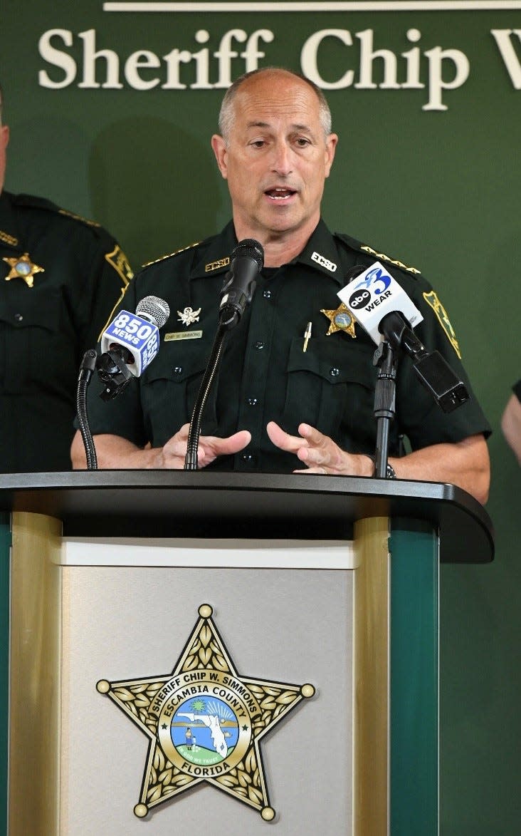 Escambia County Sheriff Chip Simmons speaks at a press conference on Monday, April 29, 2024.