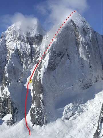 <p>nps.gov</p> The "Escalator" route on Mt. Johnson. The "X" indicates the approximate location of the rescue of the surviving climber, the NPS said