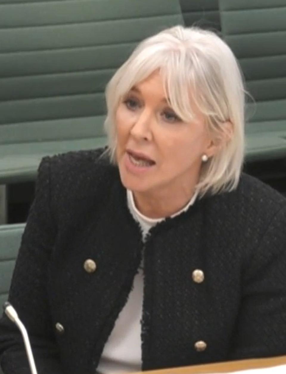 Nadine Dorries giving evidence to MPs on the Digital, Culture, Media and Sport Committee in the Houses of Parliament (House of Commons/PA) (PA Wire)