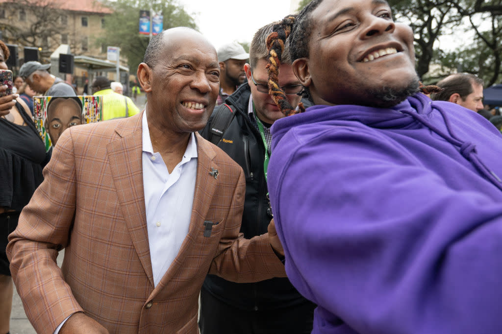 JANUARY 16: Mayor of Houston Sylvester Turner taking a selfie during the 45th Annual MLK Downtown Parade on January 16, 2023 in Houston, Texas.