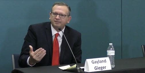 Gayland Gieger speaks Nov. 30 at a DA candidate forum hosted by the Oklahoma City Fraternal Order of Police.